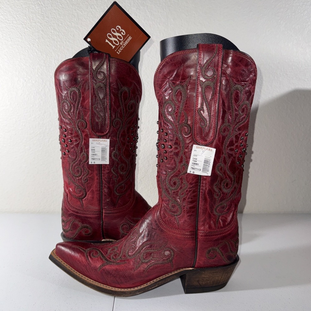 Lucchese Womens Red Burnished Mad Dog Goat Leather Cowboy Boots 8 Studded 🤠 - Picture 5 of 16